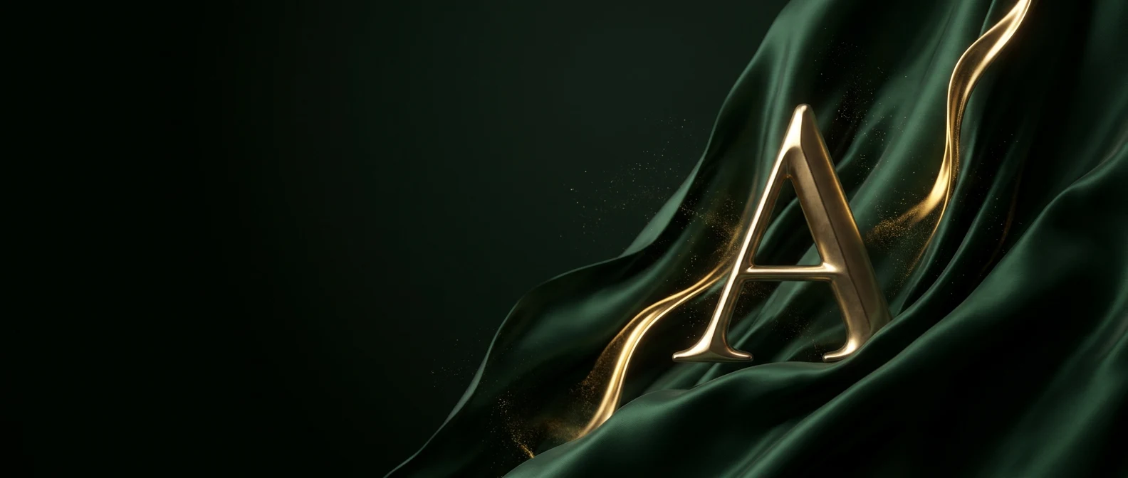 A golden letter 'A' on dark green silk drapery represents luxury and quality assurance.